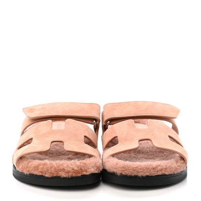 Hermes Suede Goatskin Woolskin Womens Chypre Sandals 37.5 Rose Aube 2 of 4