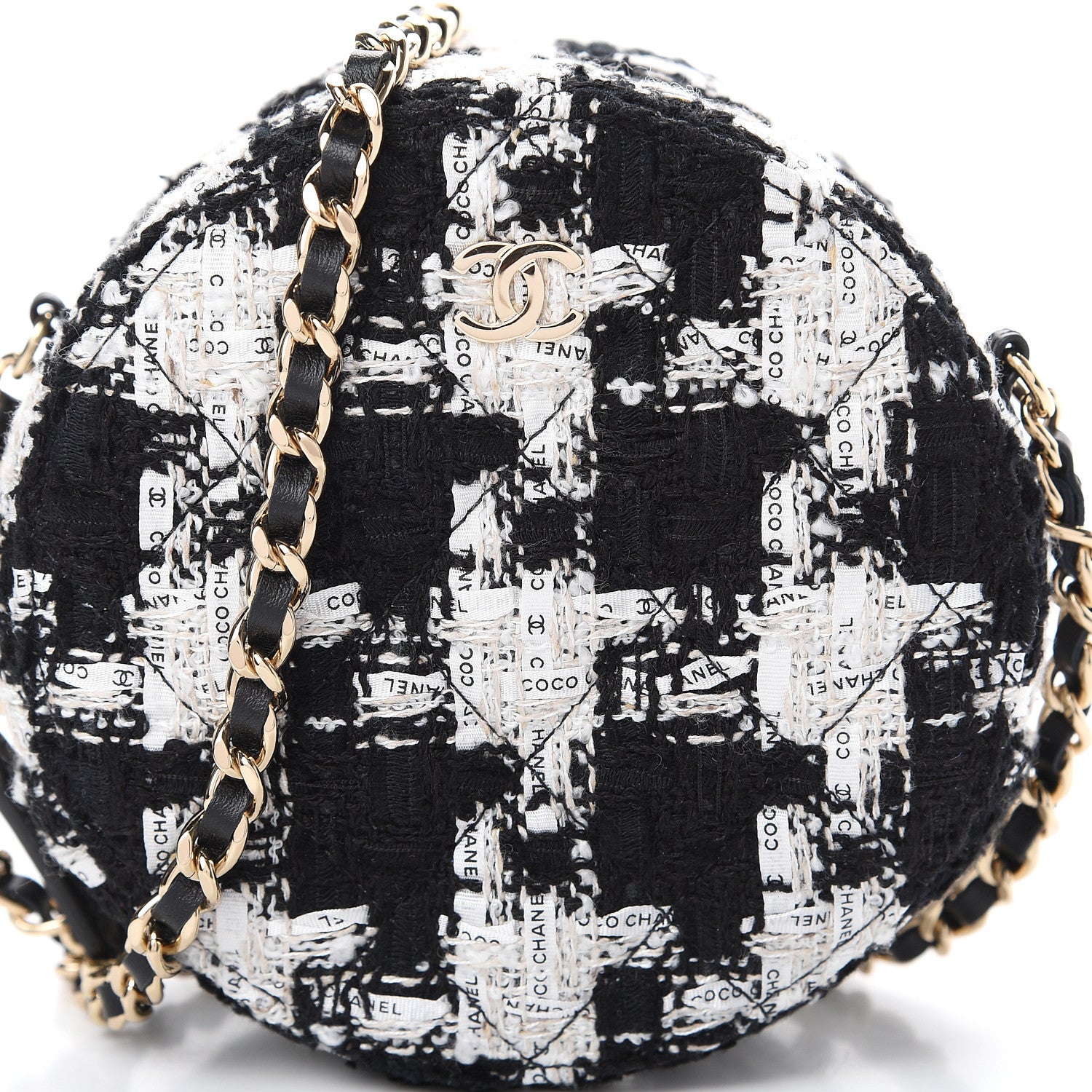 Chanel Tweed Quilted Round Clutch With Chain Black Ecru White 7 of 10