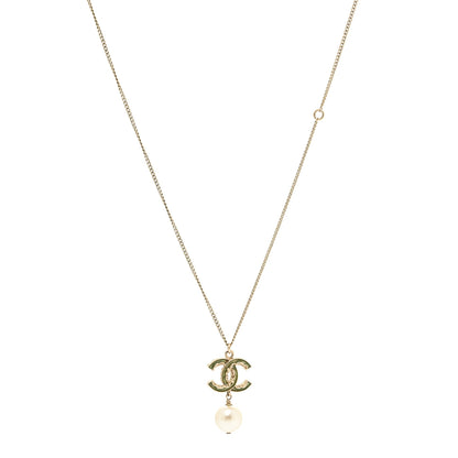 Chanel Crystal CC Pearl Drop Necklace Gold 1 of 5