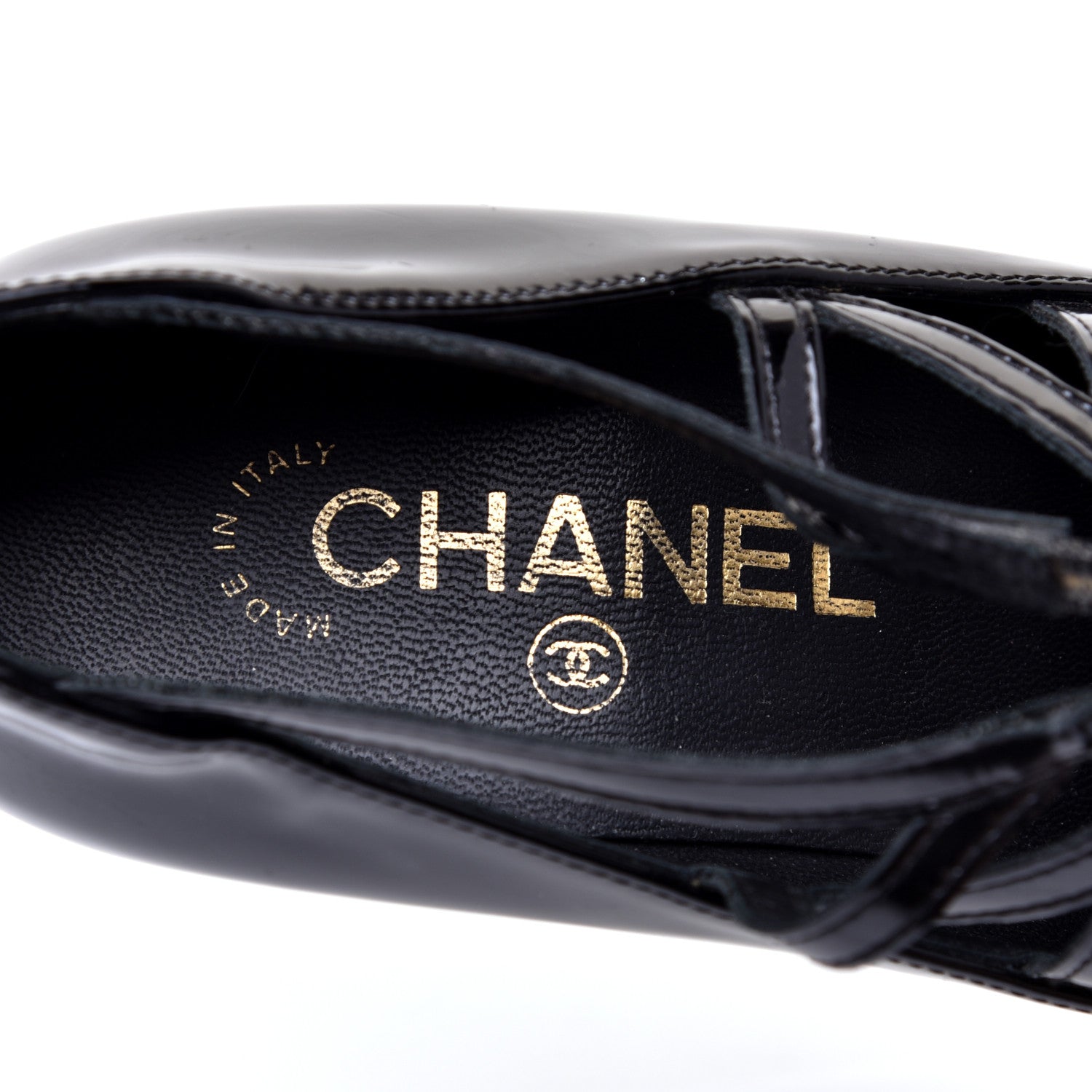 Chanel Patent Calfskin Quilted CC Strap Pumps 36 Black Gold 7 of 8