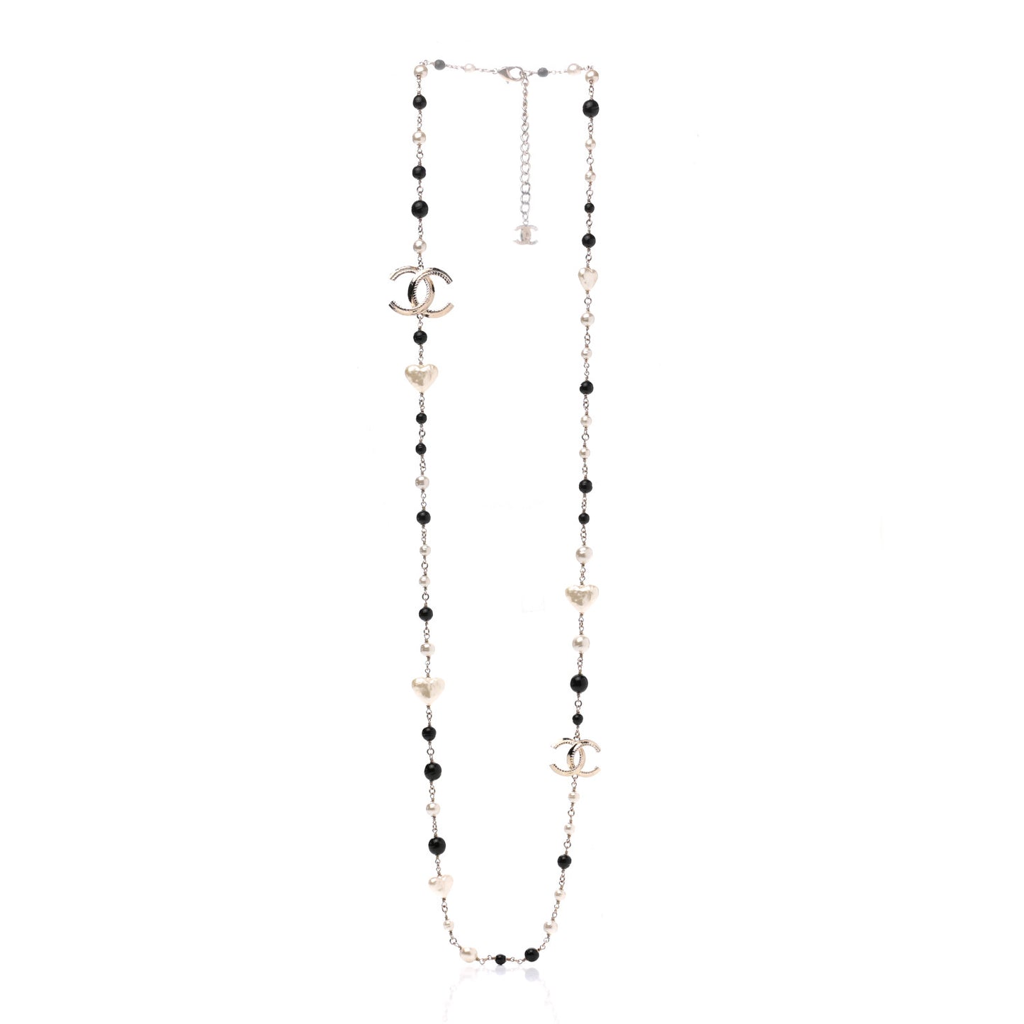 Pearl Bead Heart CC Long Necklace Gold Black