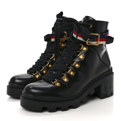 Gucci Calfskin Sylvie Web Lace Up Combat Boots 36.5 Black 3 of 8