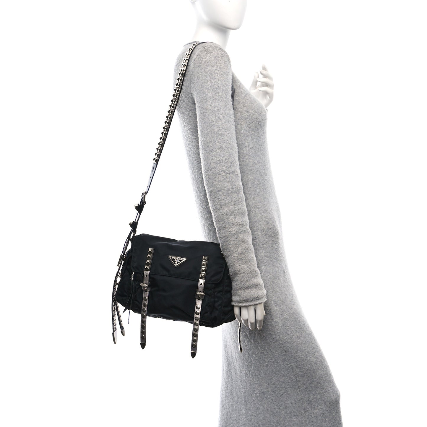 Nylon New Vela Studded Messenger Bag Black