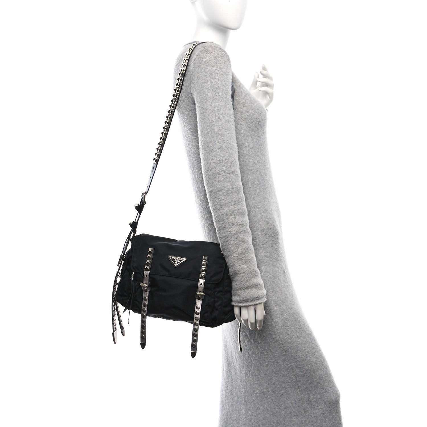 Prada Nylon New Vela Studded Messenger Bag Black 2 of 10