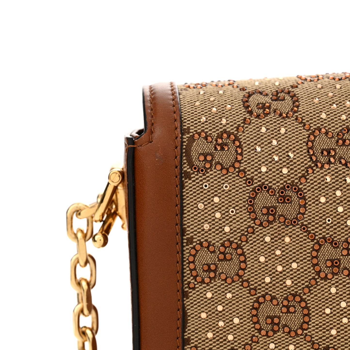 New Canvas Charisma Calfskin Crystal GG Monogram Mini Horsebit 1955 Shoulder Bag Camel Ebony