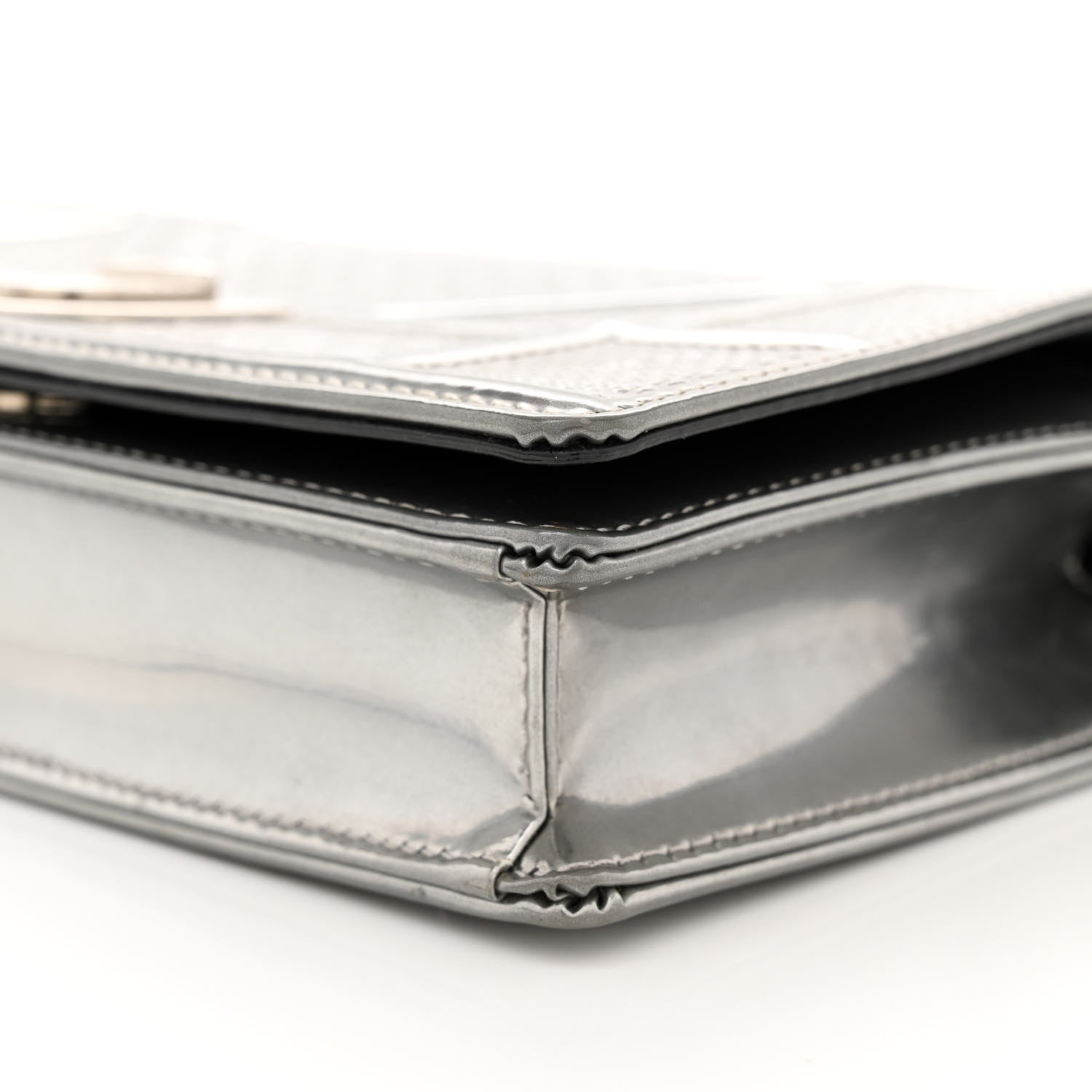 Christian Dior Metallic Patent Micro-Cannage Diorama Wallet on Chain Pouch Silver 10 of 14