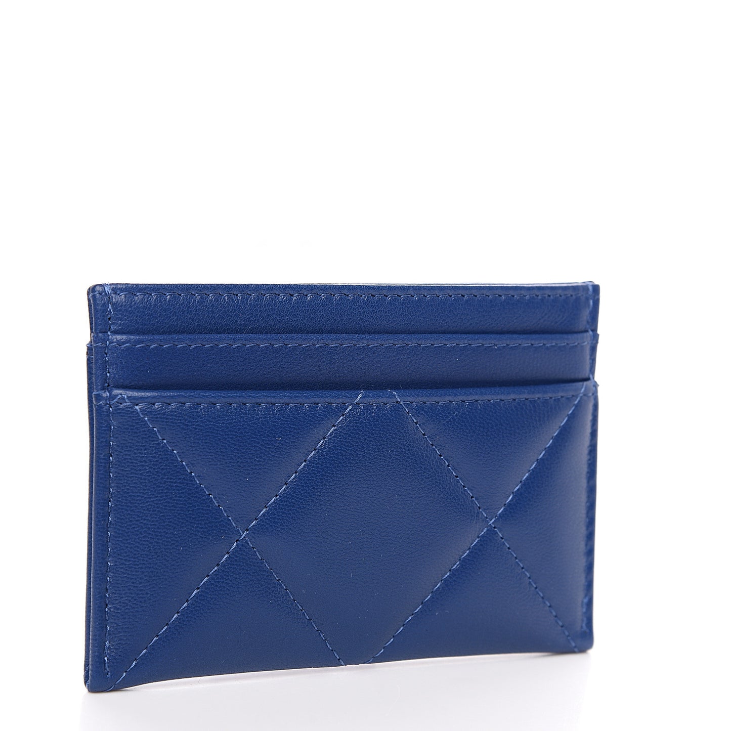 Shiny Goatskin Quilted Chanel 19 Card Holder Dark Blue