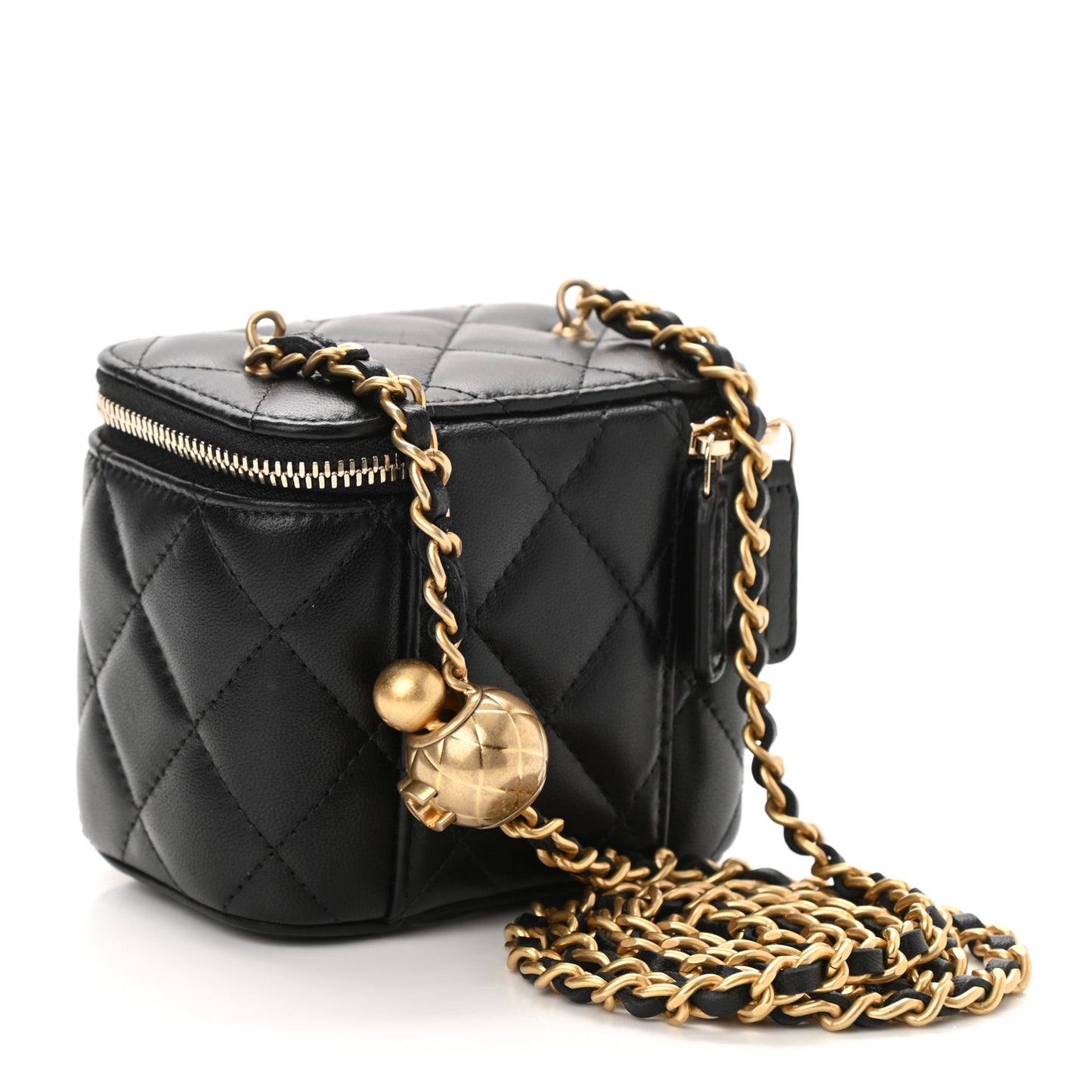 Lambskin Quilted Mini Pearl Crush Vanity Case With Chain Black