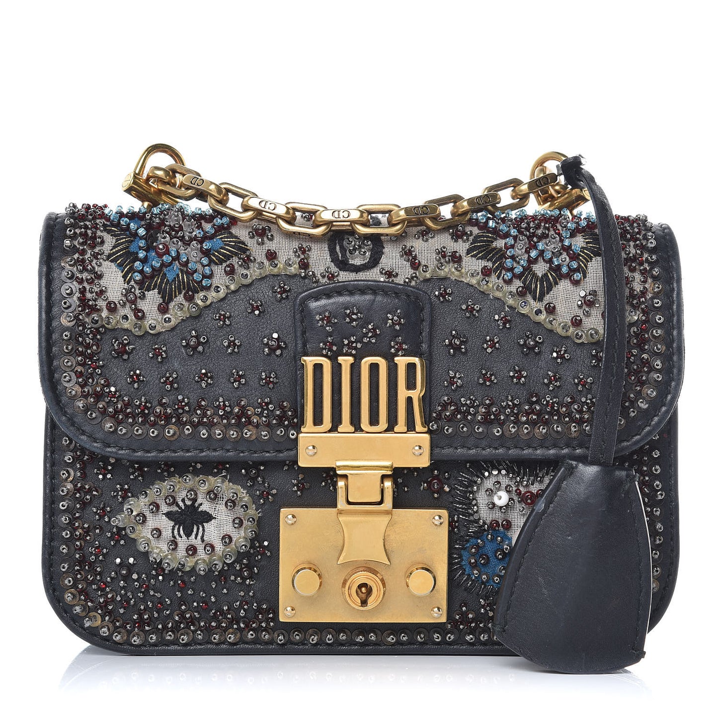 Calfskin Beaded Mini Dioraddict Flap Bag Black