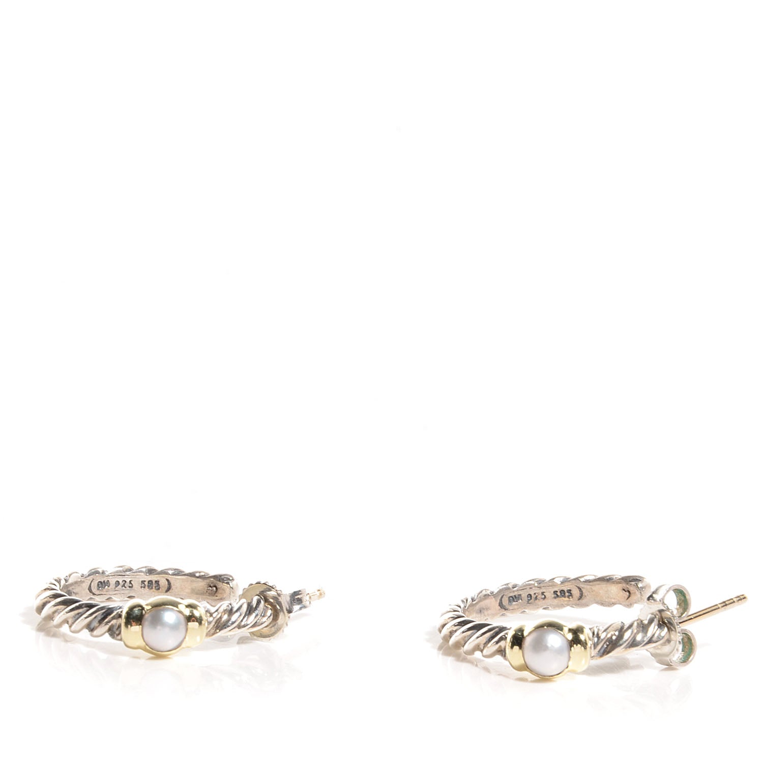 David Yurman Sterling Silver 14K Gold 3mm Pearl Metro Hoop Earrings 3 of 4