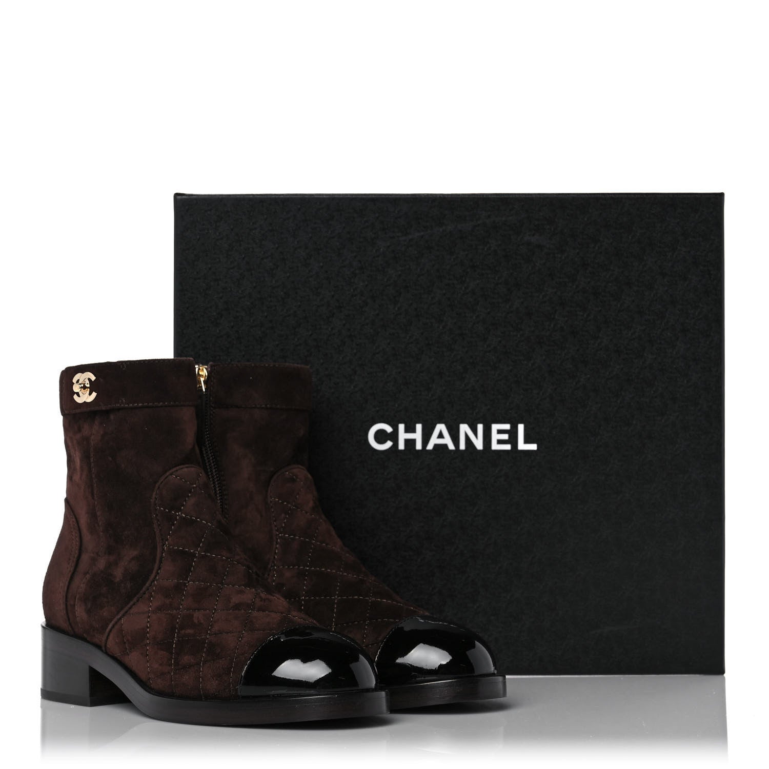 Chanel Suede Patent Calfskin Quilted Cap Toe Short Boots 36 Brown Black 9 of 9