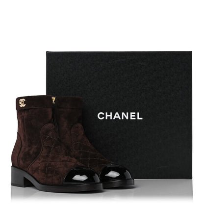 Chanel Suede Patent Calfskin Quilted Cap Toe Short Boots 36 Brown Black 9 of 9