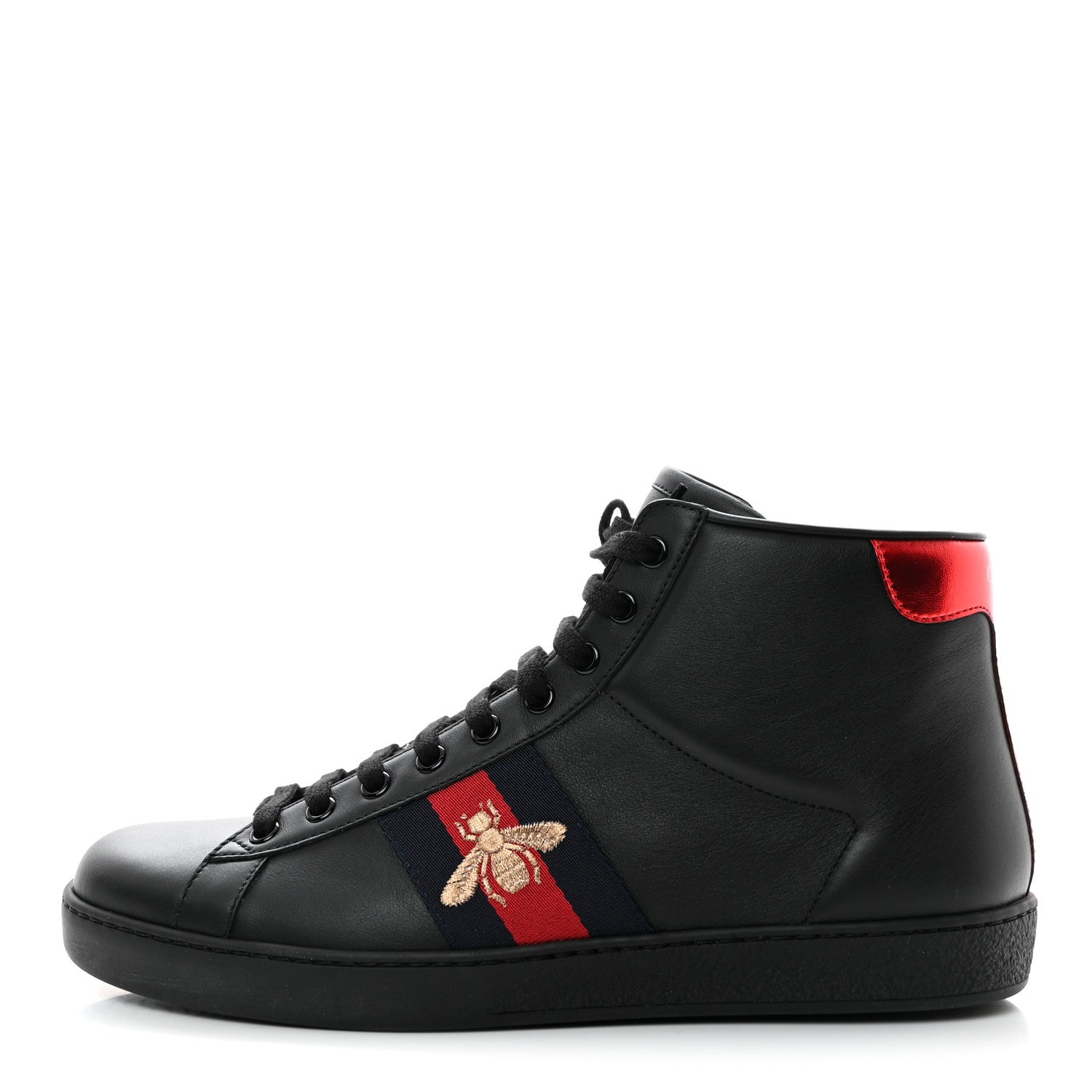 Gucci Calfskin Miro Soft Web Bee Embroidered Mens Ace High Top Sneakers 8.5 Black 1 of 11