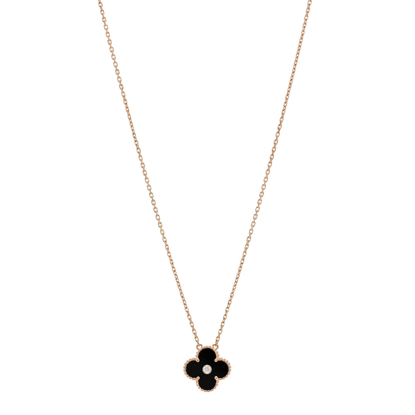 18K Rose Gold Diamond Black Onyx Vintage Alhambra Pendant Necklace