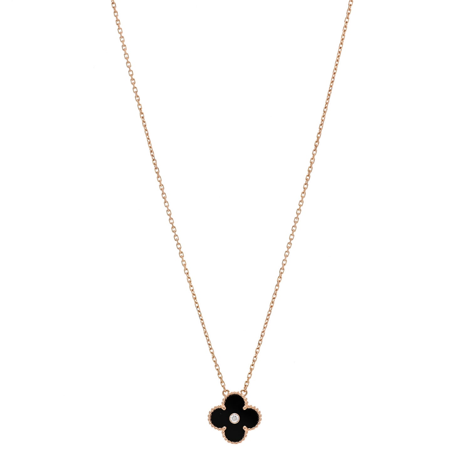 Van Cleef & Arpels 18K Rose Gold Diamond Black Onyx Vintage Alhambra Pendant Necklace 1 of 6