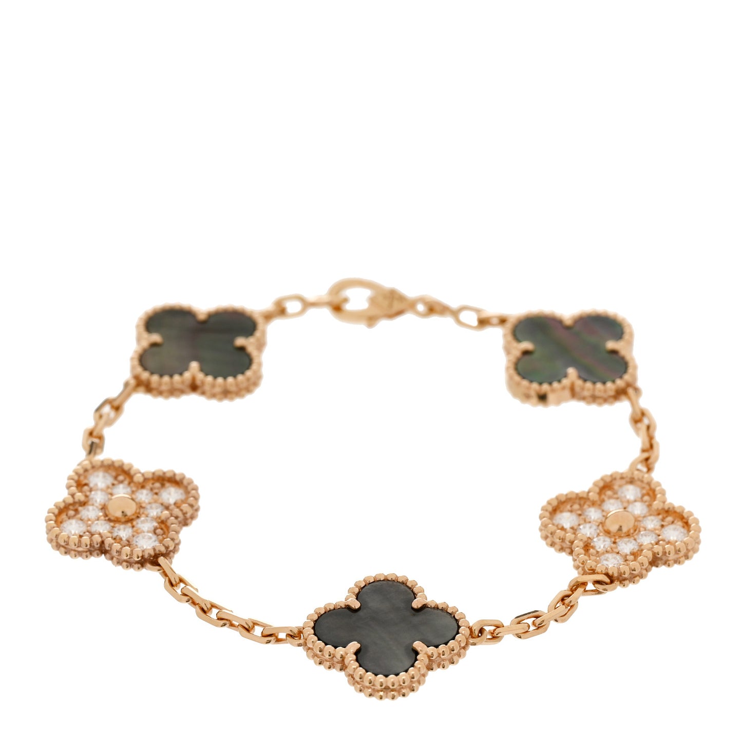18K Rose Gold Diamond Gray Mother of Pearl 5 Motifs Vintage Alhambra Bracelet
