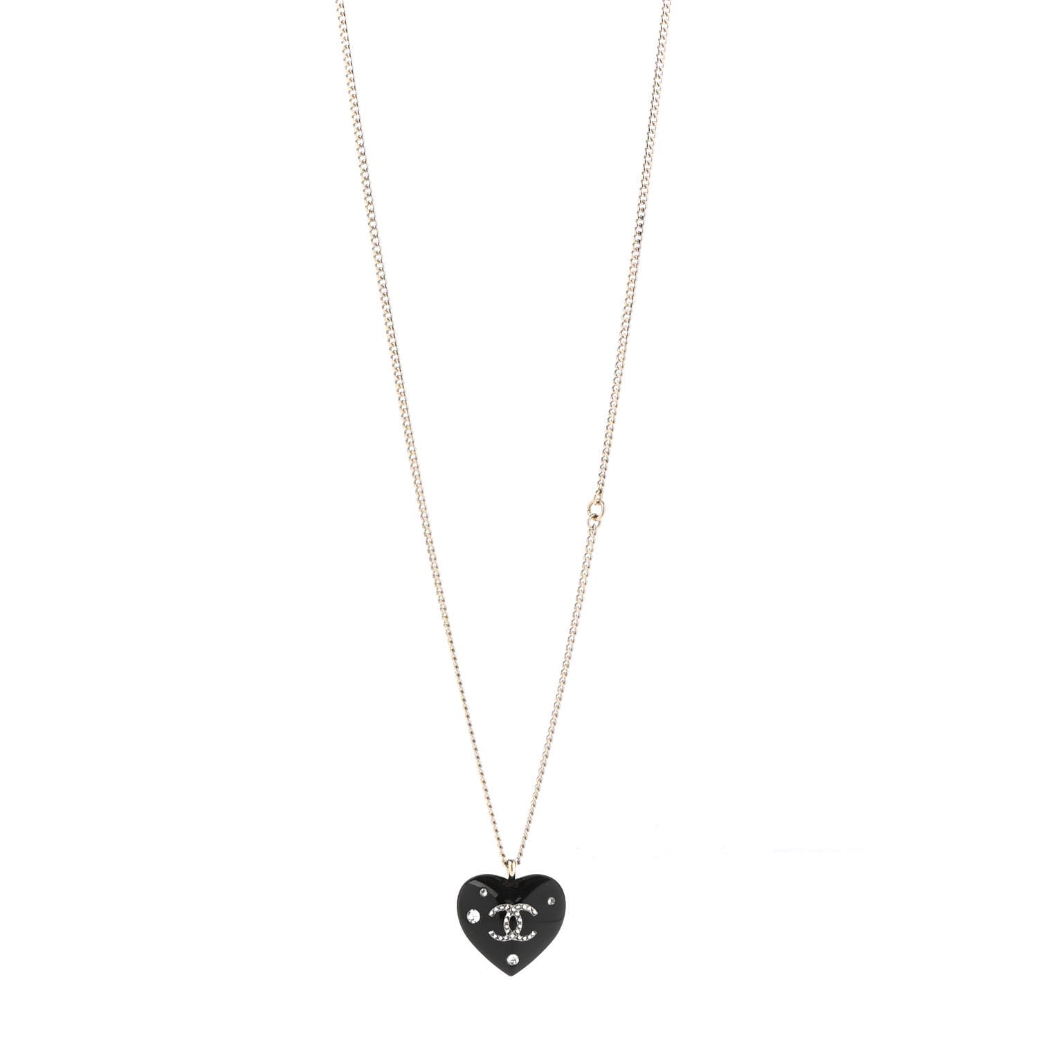 Chanel Resin Crystal CC Heart Necklace Black Gold 1 of 6