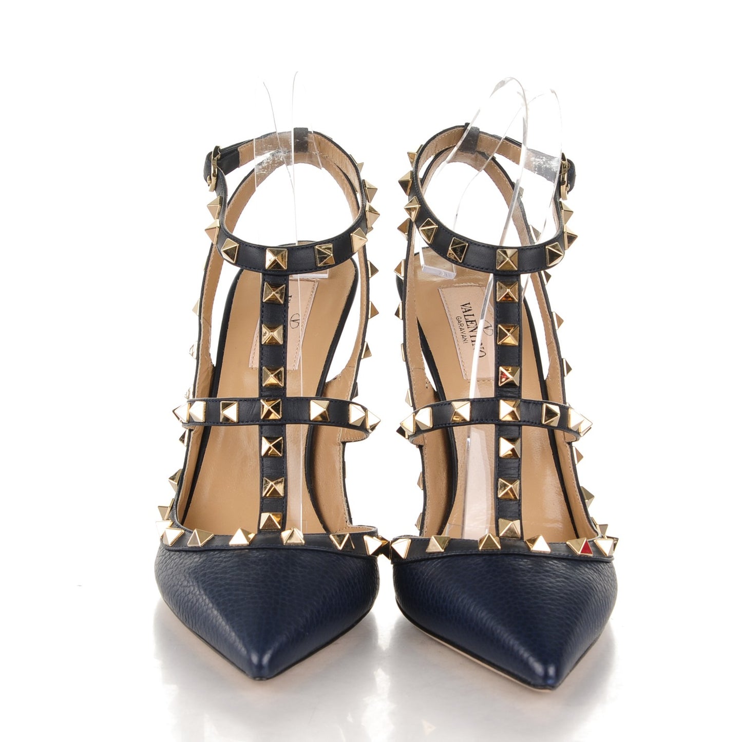 Pebbled Calfskin Rockstud Ankle Strap 100mm Pumps 40 Marine