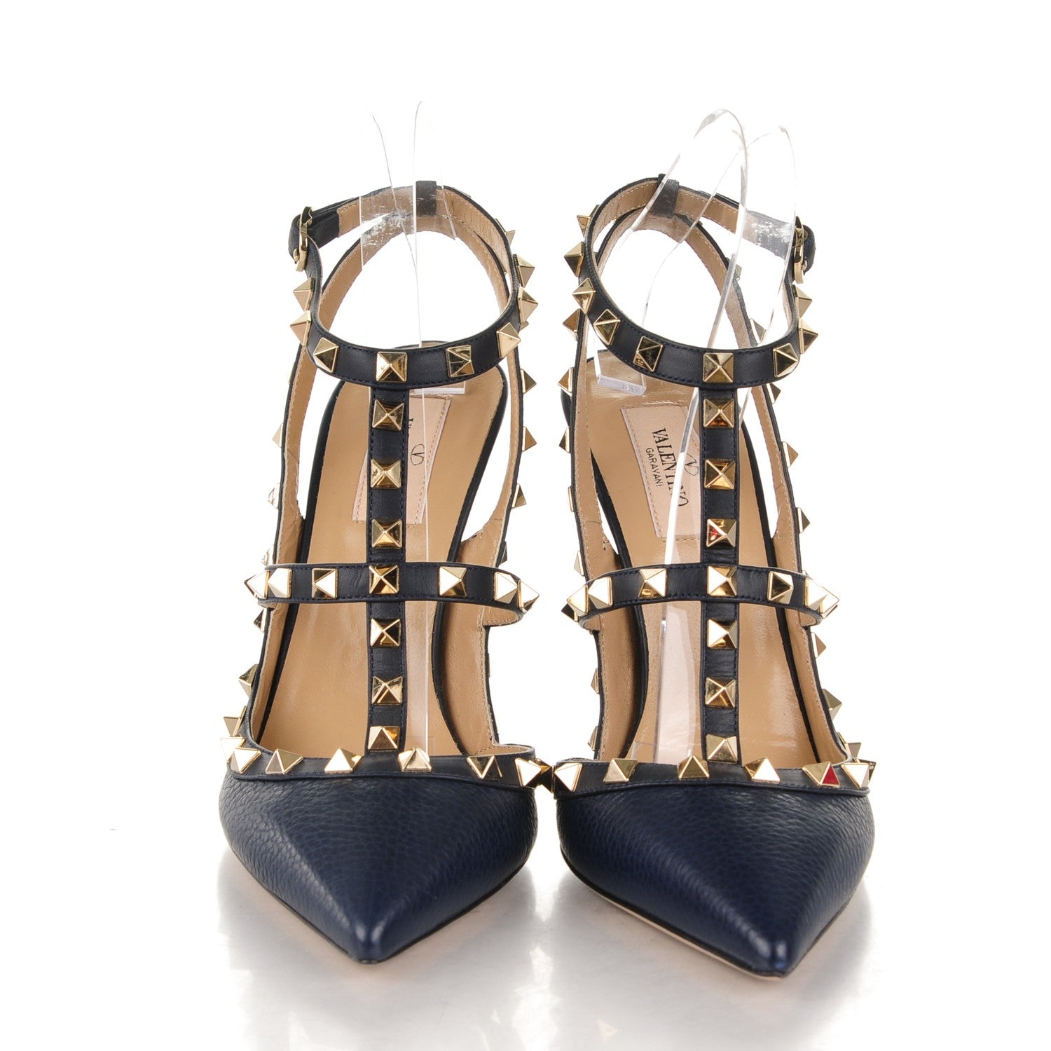 Valentino Garavani Pebbled Calfskin Rockstud Ankle Strap 100mm Pumps 40 Marine 2 of 6
