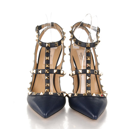 Valentino Garavani Pebbled Calfskin Rockstud Ankle Strap 100mm Pumps 40 Marine 2 of 6