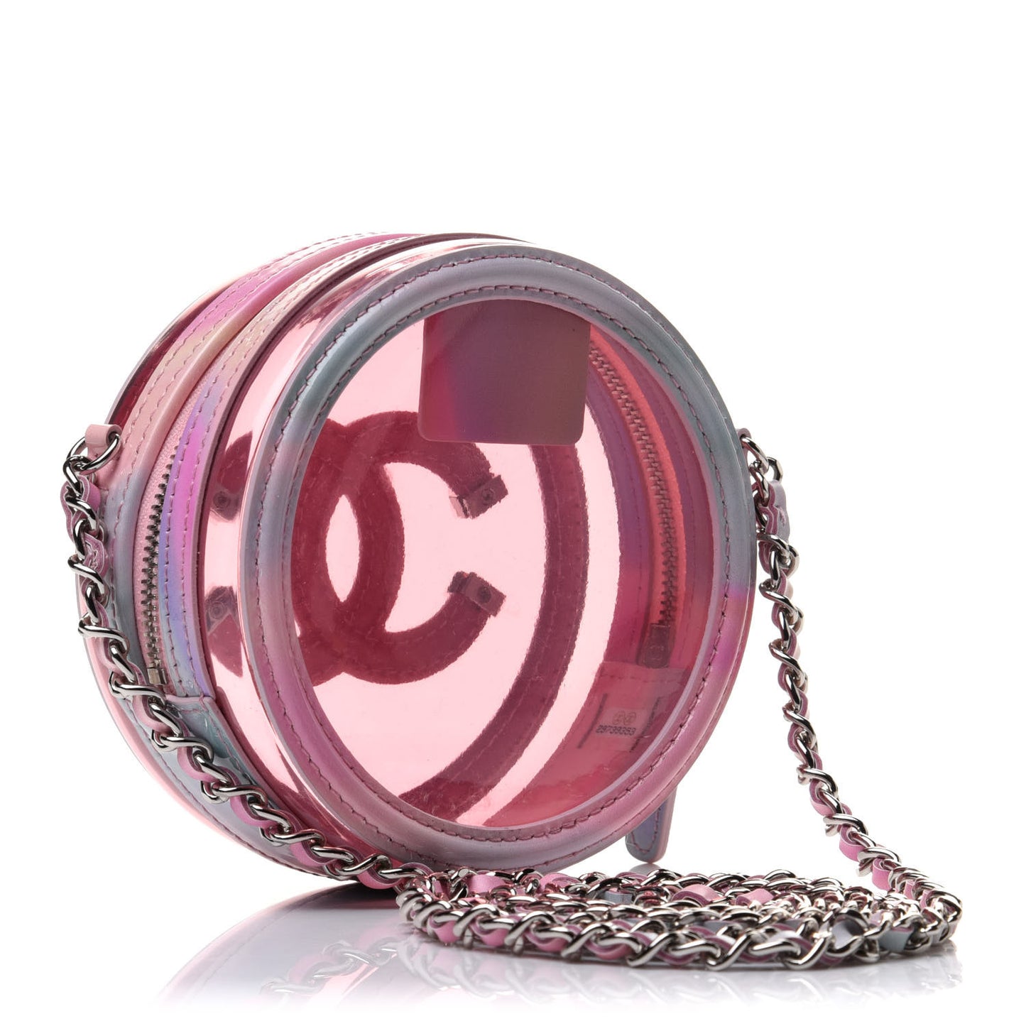 PVC Lambskin Filigree Round Clutch With Chain Pink