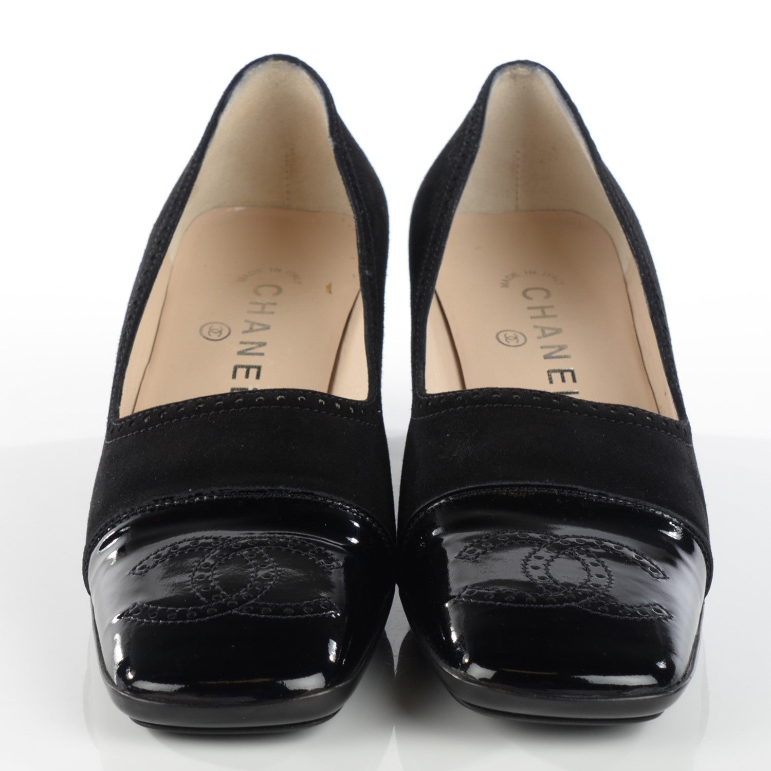 Chanel Patent Suede CC Cap Toe Pumps 37.5 Black 2 of 7