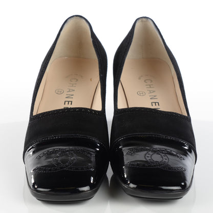 Chanel Patent Suede CC Cap Toe Pumps 37.5 Black 2 of 7