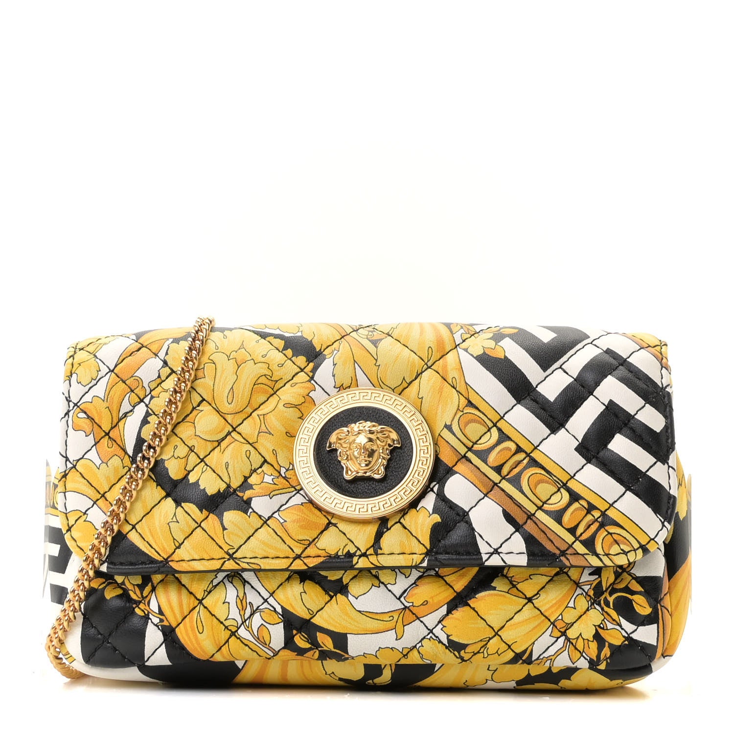 Versace Nappa Baroque Print Quilted Trapuntata Tribute Wallet Chain Crossbody Gold Black 1 of 10