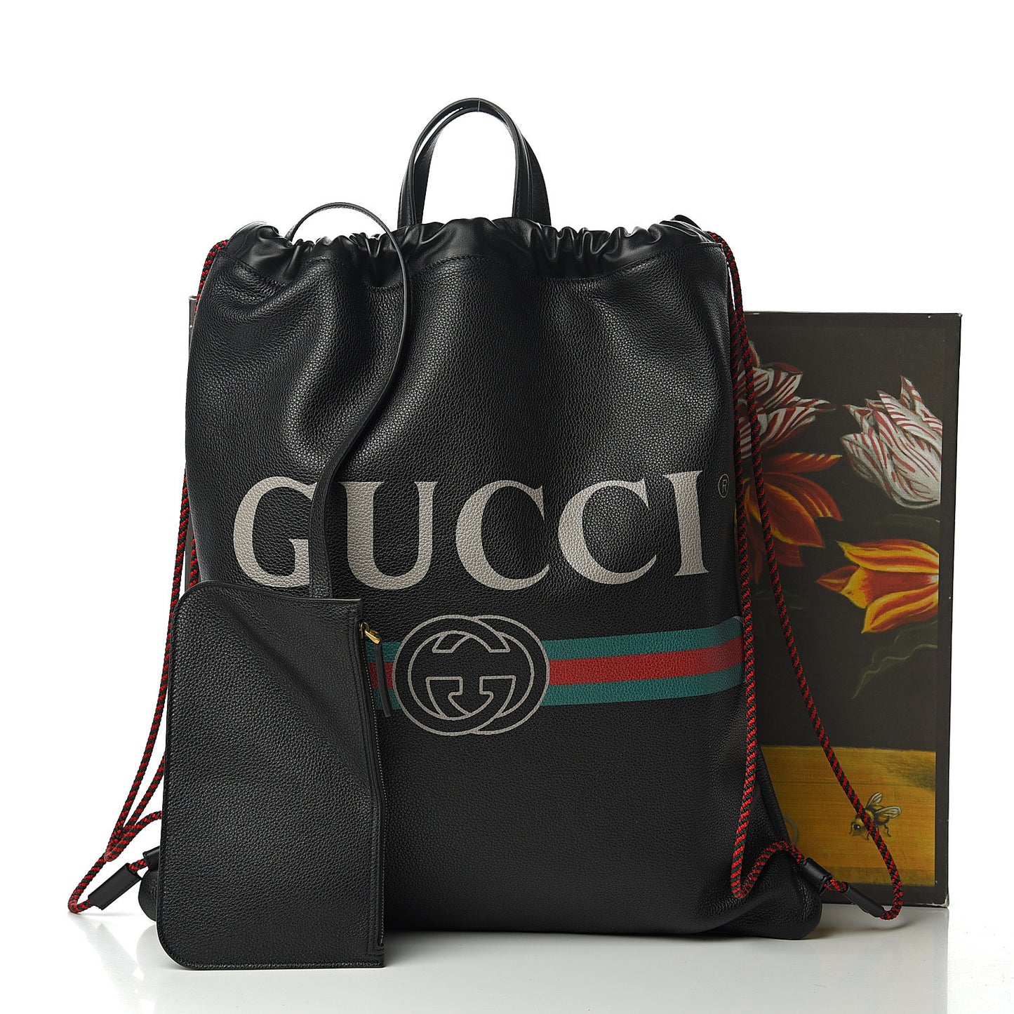 Calfskin Logo Drawstring Backpack Black