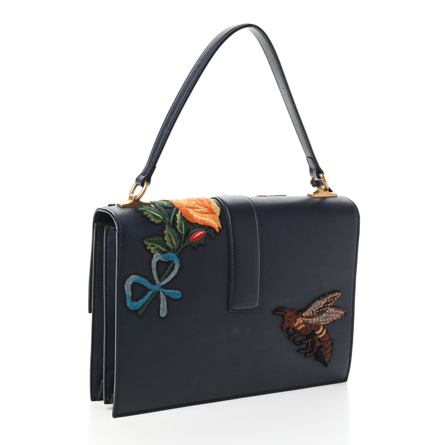 Calfskin Embroidered Riche Stripe Shoulder Bag Blue Red