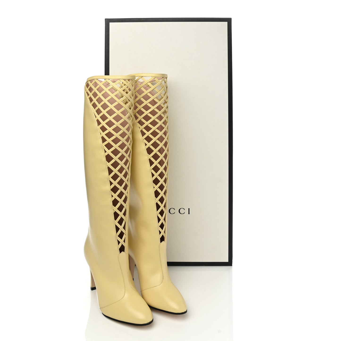 Plume Calfskin Damir Lattice Cutout Knee High Boot 36.5 Butter