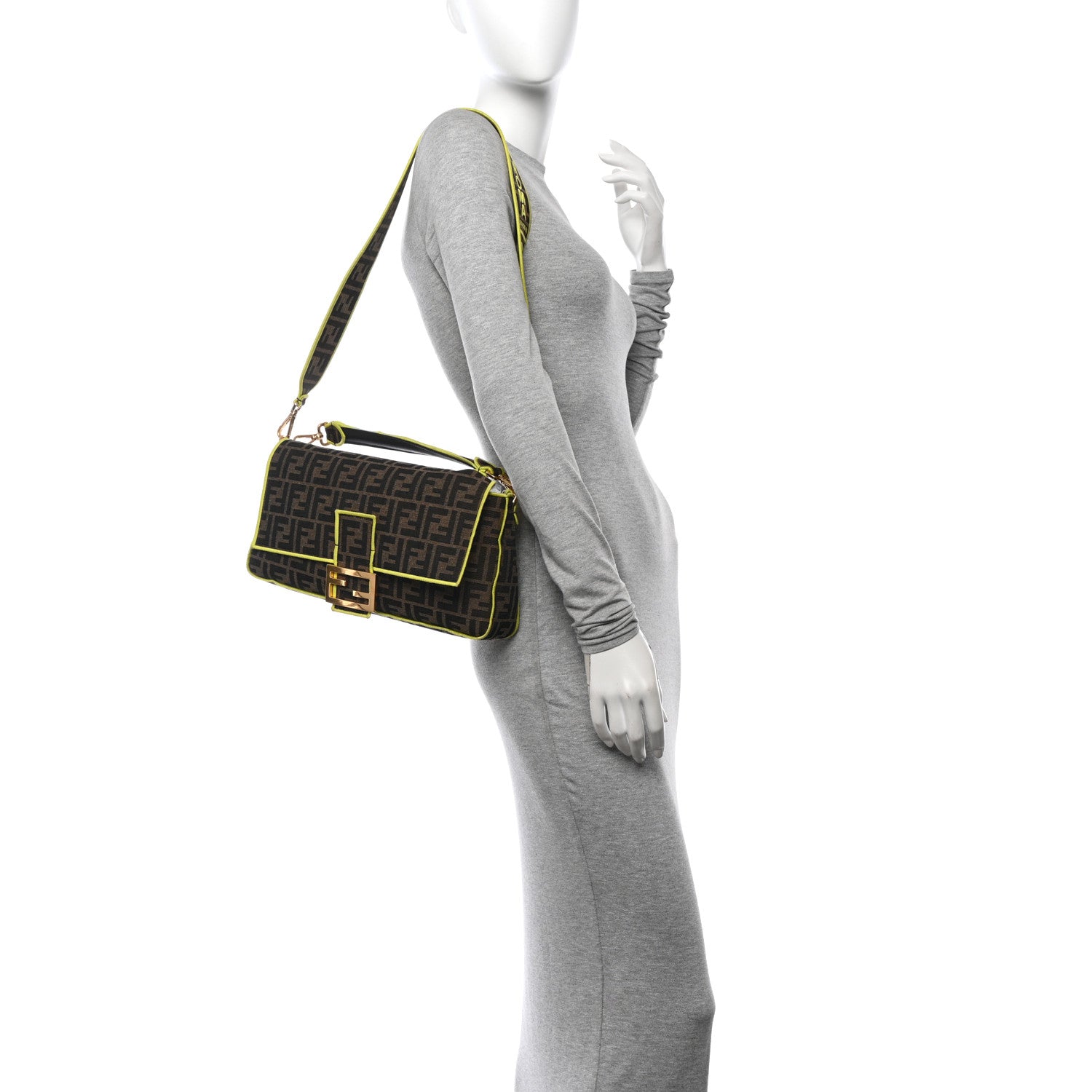 Fendi Fabric Jacquard FF 1974 Large Baguette Tobacco Moro Giallo Fluo 2 of 11