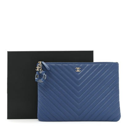 Chanel Lambskin Chevron Quilted Charms Medium Cosmetic Case Blue 15 of 15