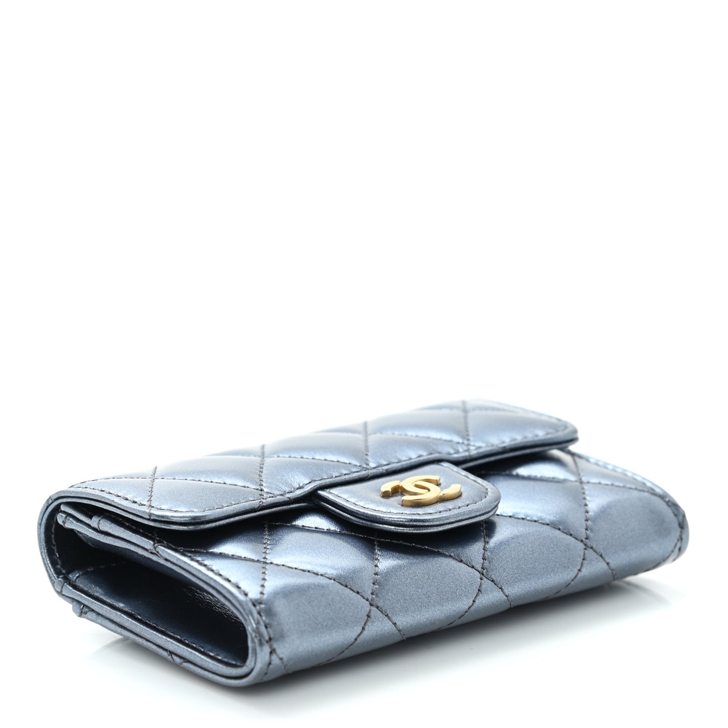 Metallic Lambskin Quilted Flap Card Holder Wallet Dark Blue