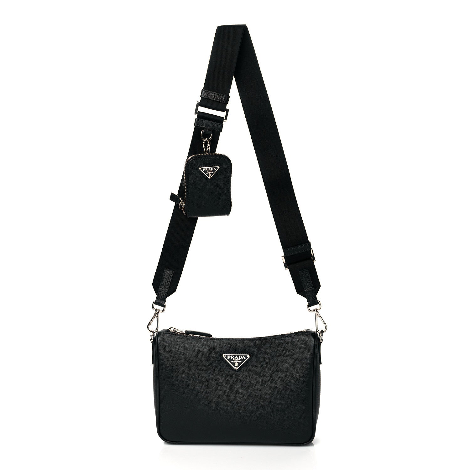 Prada Saffiano Travel Pocket Zippered Shoulder Bag Black 1 of 10