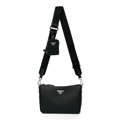 Prada Saffiano Travel Pocket Zippered Shoulder Bag Black 1 of 10
