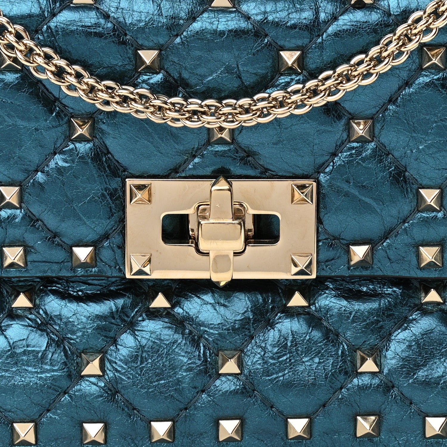 Valentino Garavani Metallic Wrinkled Lambskin Small Rockstud Spike Shoulder Bag Peacock 7 of 10