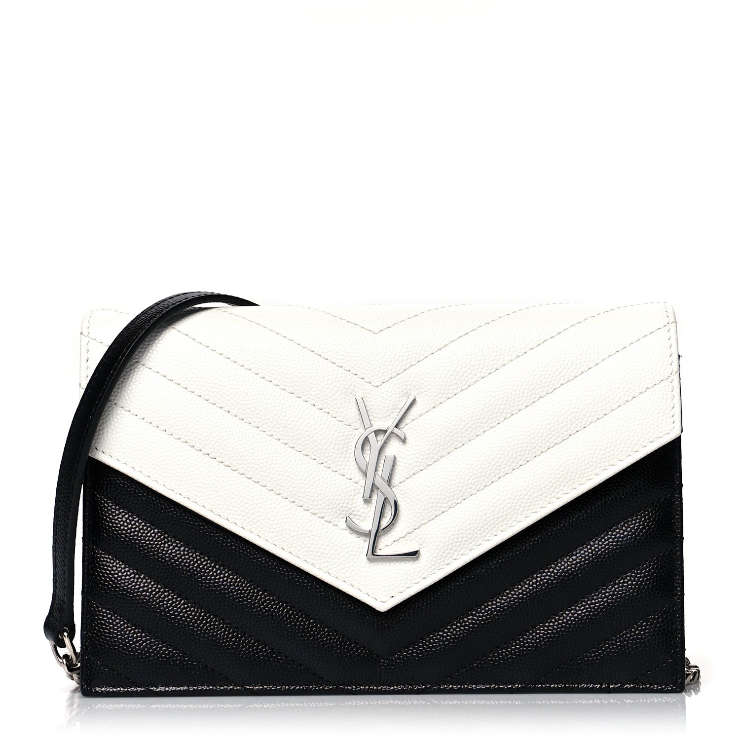 Saint Laurent Grain De Poudre Matelasse Chevron Monogram Envelope Chain Wallet Pearl White Black 1 of 10