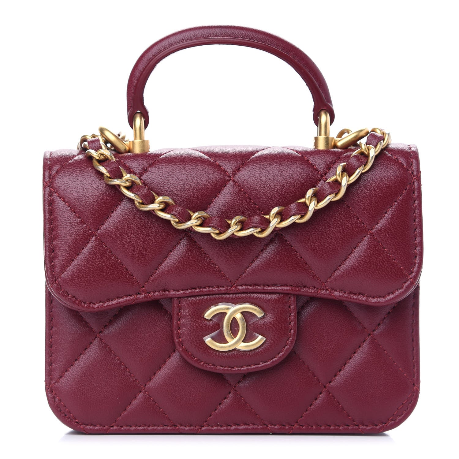 Chanel Lambskin Quilted Top Handle Flap Coin Purse With Chain Burgundy 1 of 11