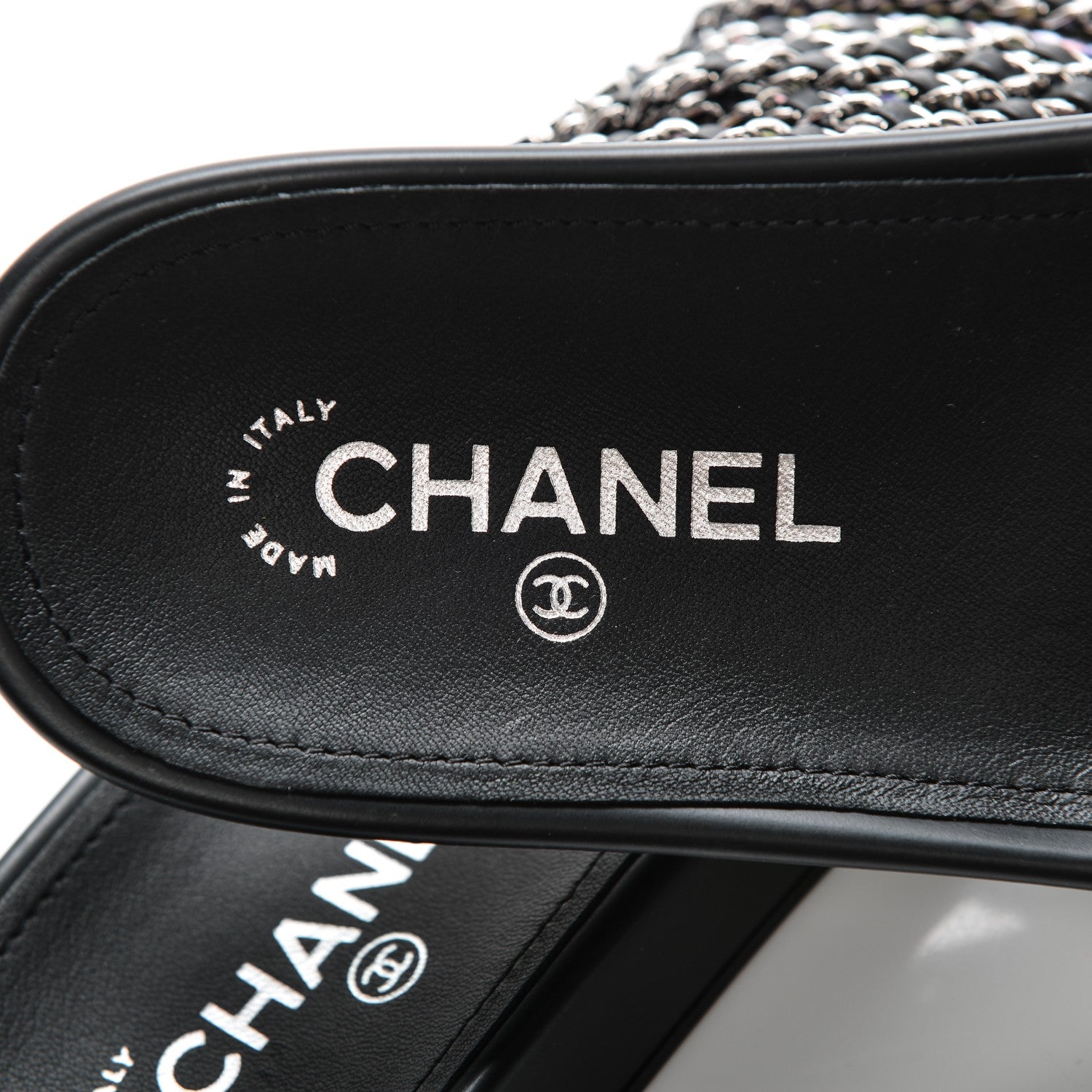 Chanel Tweed Lambskin Chain Flat Sandals 39 Black Multicolor 6 of 8