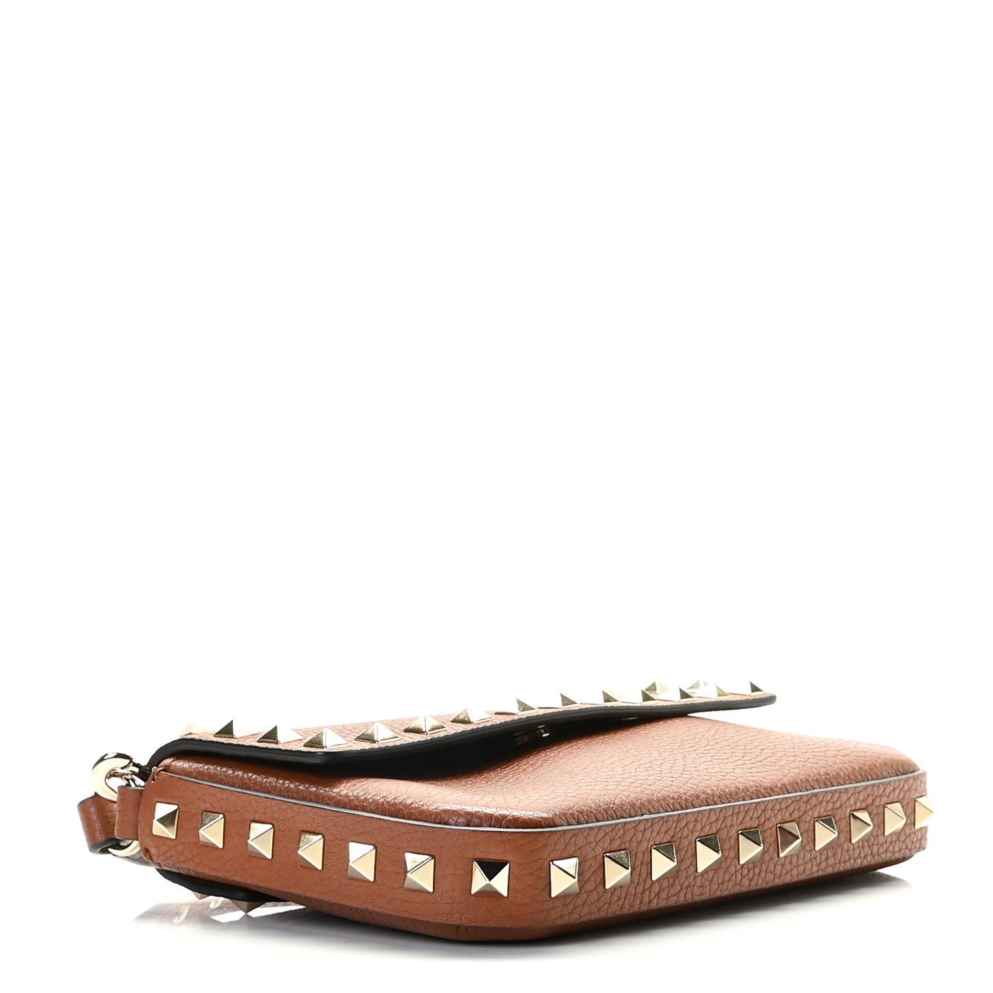 Grainy Calfskin Rockstud Crossbody Pouch Saddle Brown