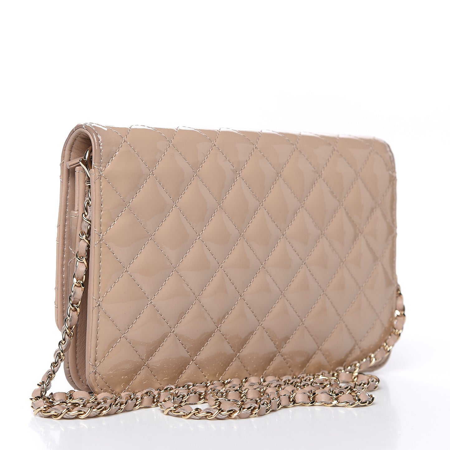 Patent Quilted Golden Class Clutch With Chain Light Beige