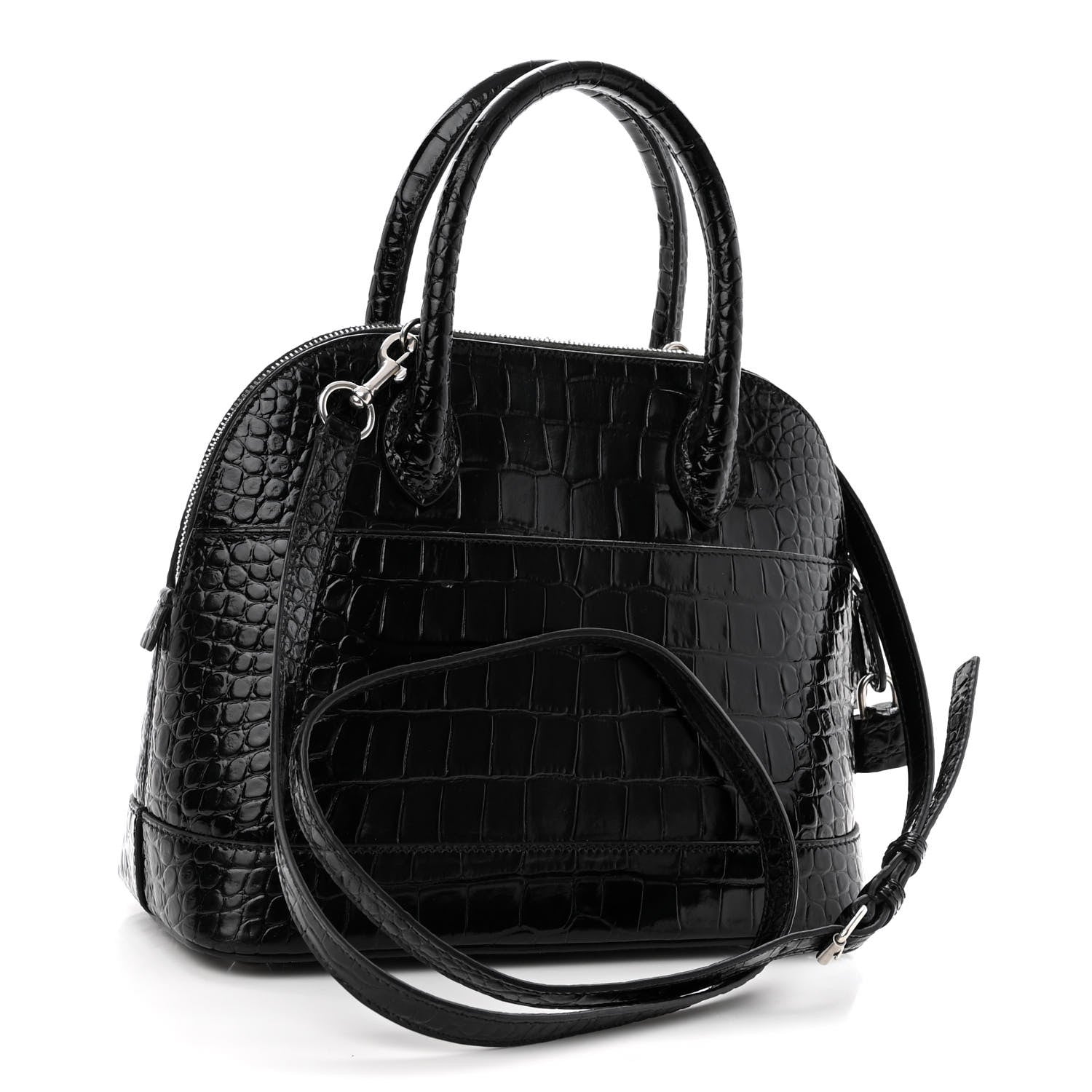 Balenciaga Shiny Calfskin Logo Crocodile Embossed S Ville Top Handle Bag Black White 3 of 10