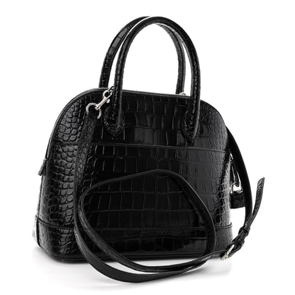 Balenciaga Shiny Calfskin Logo Crocodile Embossed S Ville Top Handle Bag Black White 3 of 10