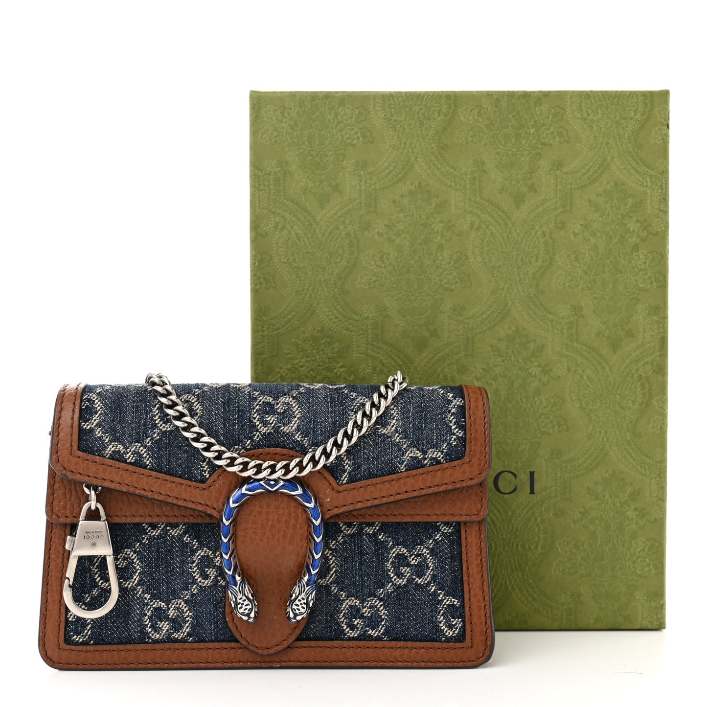 New Denim GG Monogram Dollar Calfskin Enamel Super Mini Dionysus Shoulder Bag Blue Tea Cuir Epilog Electric Blue