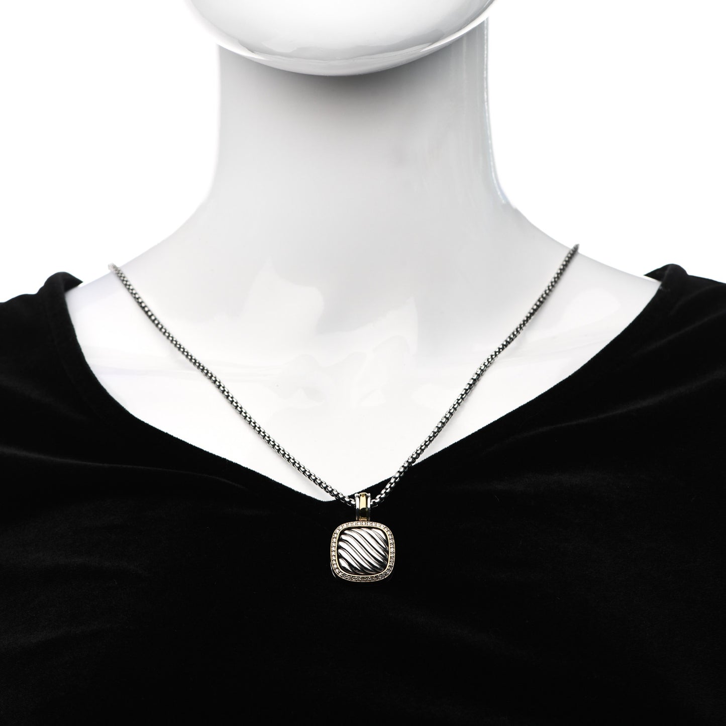 Sterling Silver 18K Yellow Gold Diamond 16mm Sculpted Cable Pendant Necklace