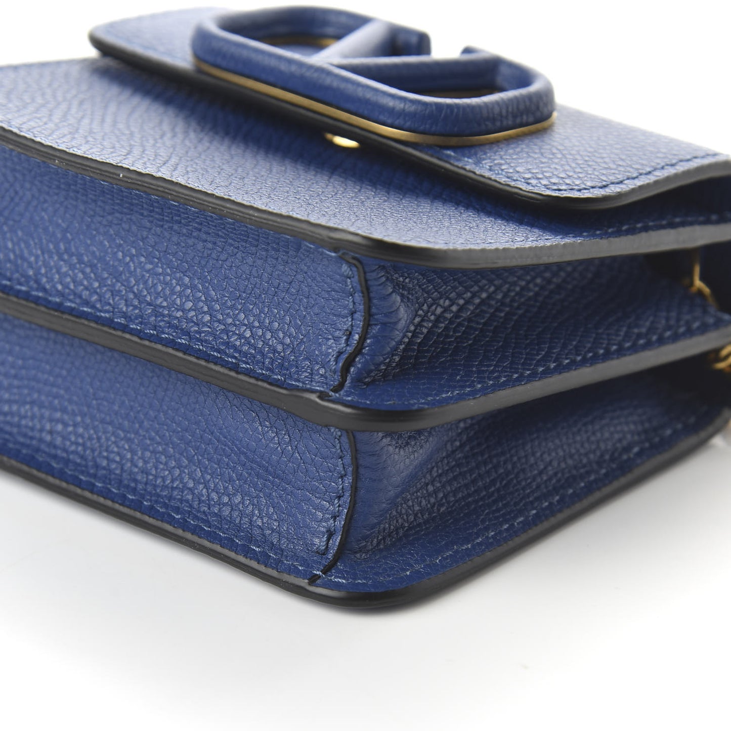 Grainy Calfskin VLogo Compact Wallet with Chain Blue