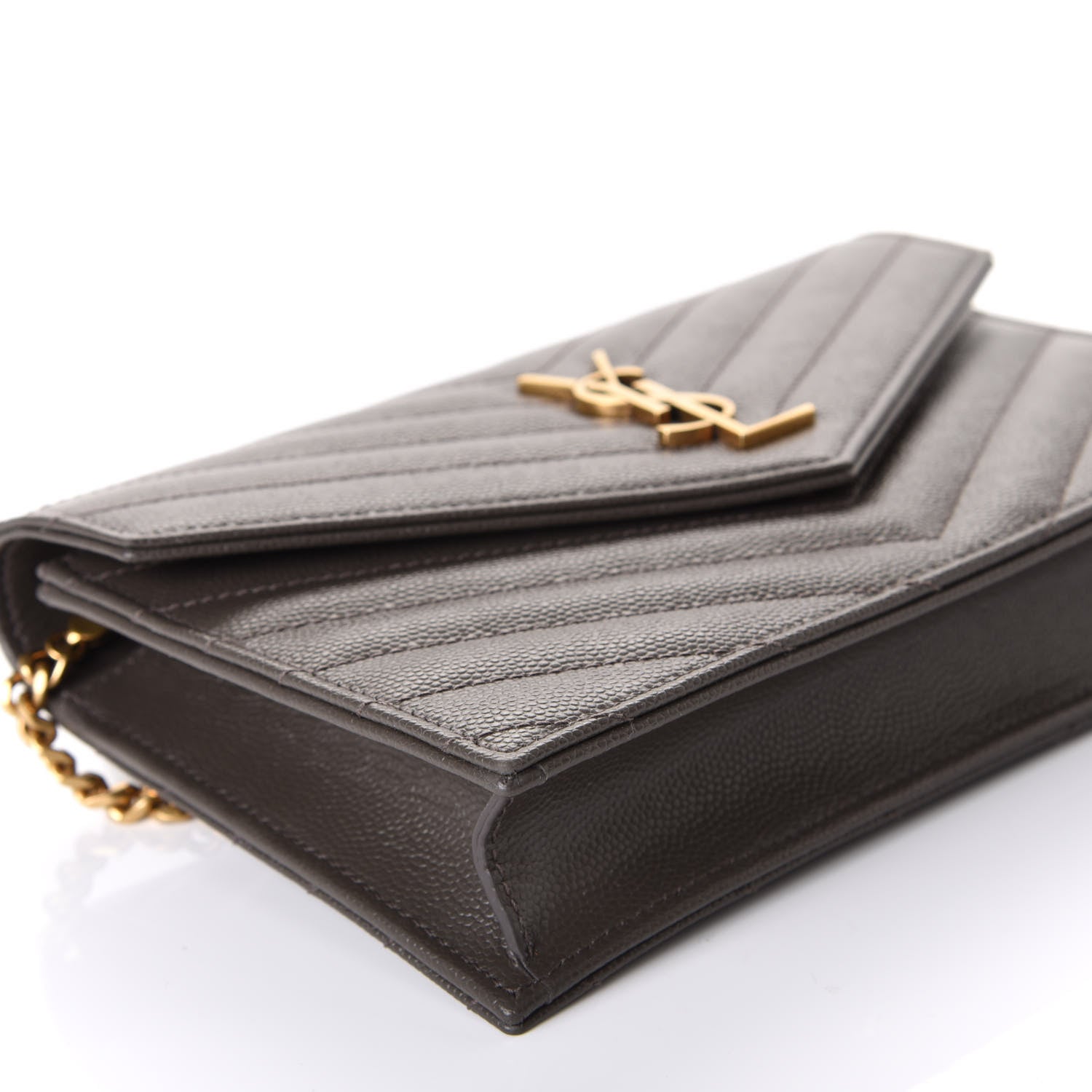 Saint Laurent Grain De Poudre Matelasse Chevron Monogram Envelope Chain Wallet Pebble 5 of 7