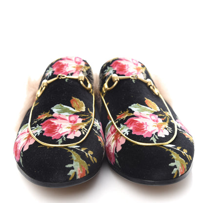 Gucci Velvet Fur Floral Womens Princetown Slippers 39.5 Black 5 of 9