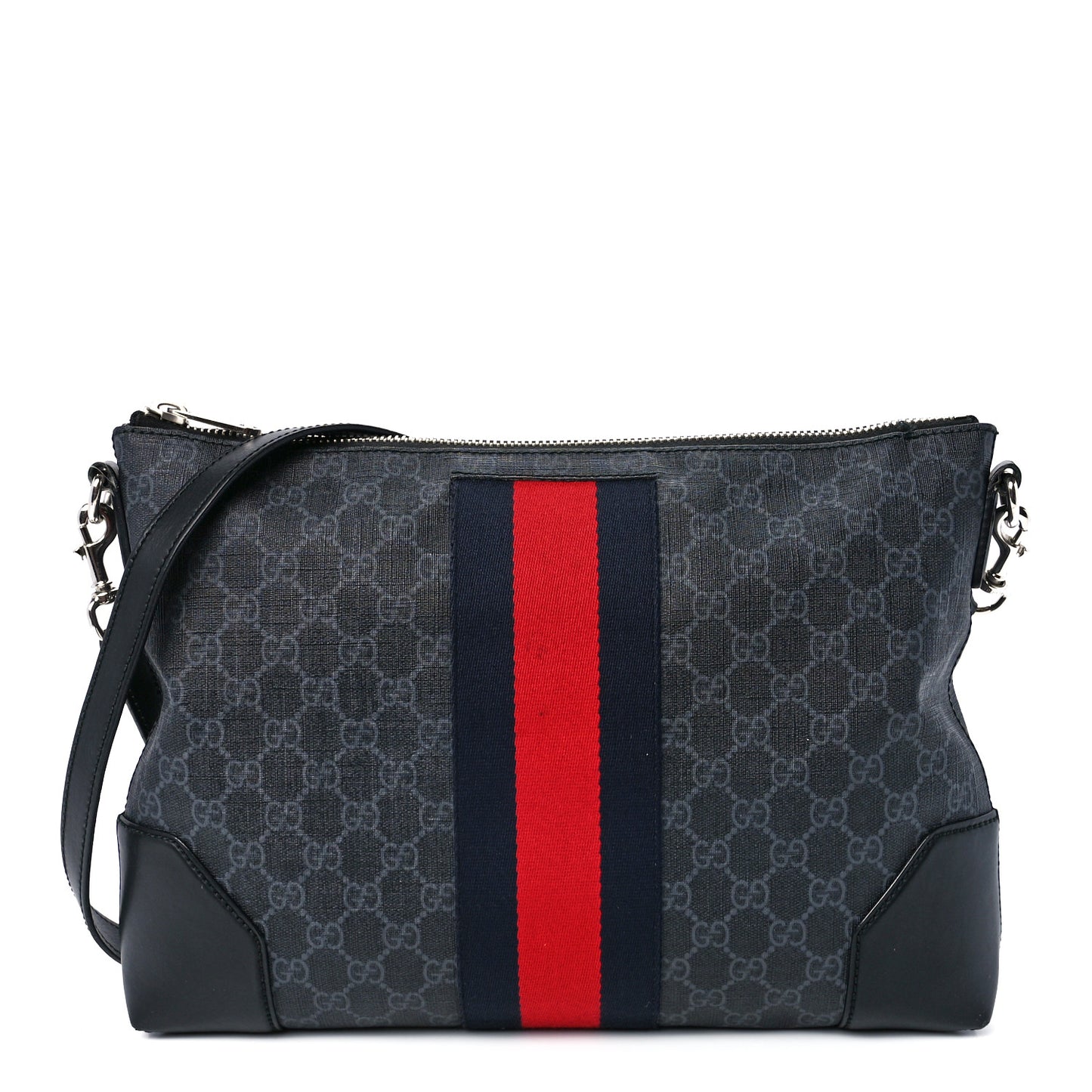 Soft GG Supreme Monogram Appia Calfskin Web East West Messenger Bag Black Grey